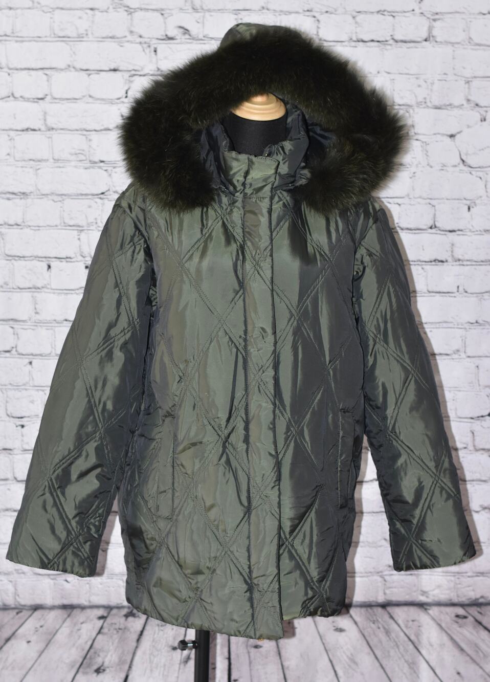 Ellen Tracy Down Quilted Puffer Coat Detachable Fox Fur Hood Full Zip Mock Neck